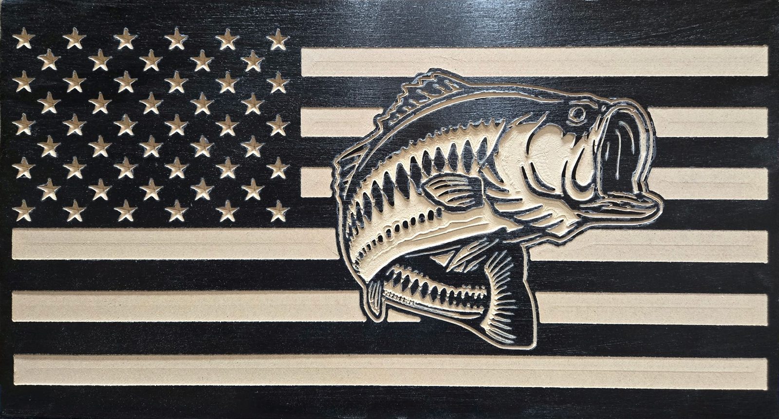 Black wooden flag with natural-wood stripes and stars and a detailed carved largemouth bass